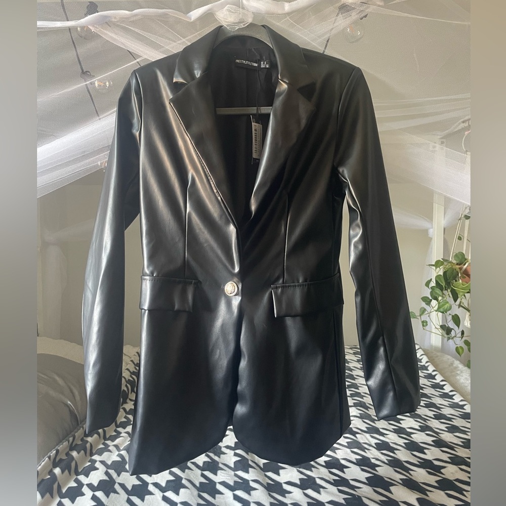 Black military button faux leather fitted blazer jacket